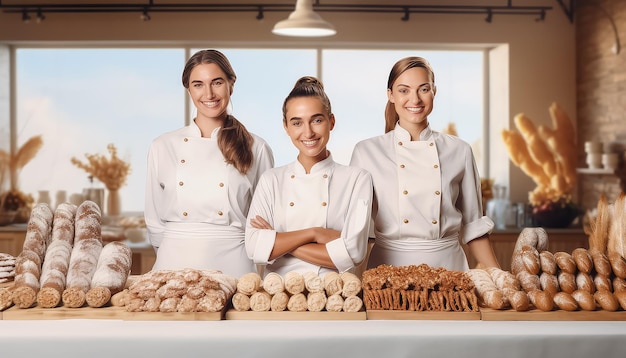 Three smiling bakery workers standing next to breads