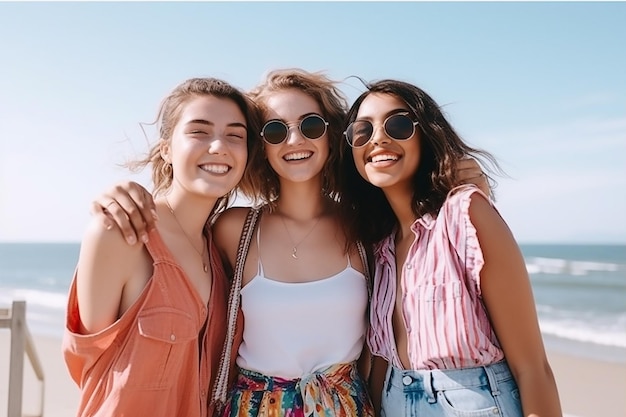 Три улыбающихся подруги на пляже.