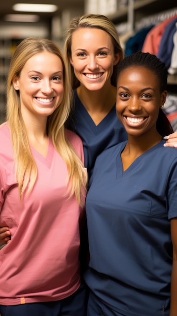 Three smiling female healthcare professionals in scrubs