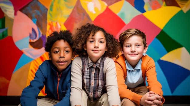 Three smiling schoolchildren on a multicolored wallCreated with Generative AI technology