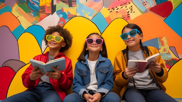 Photo three smiling schoolchildren on a multicolored wallcreated with generative ai technology