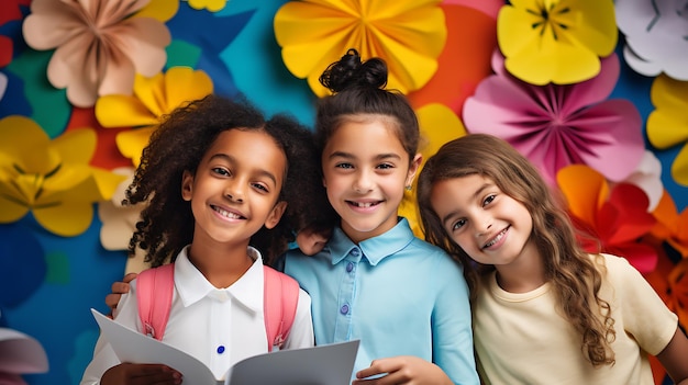 Photo three smiling schoolchildren on a multicolored wallcreated with generative ai technology