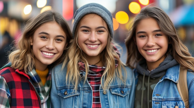 Foto tre amici adolescenti sorridenti che vanno in giro in città