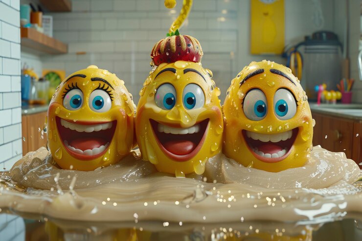 Photo three smiling yellow characters splashing in milk