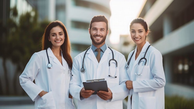 Три улыбающихся молодых врача, стоящих перед больницей на заднем плане с медицинскими записями.