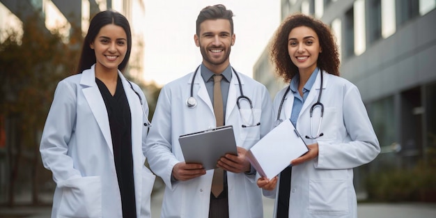 Photo three smiling young doctors standing in front hospital background with medical records