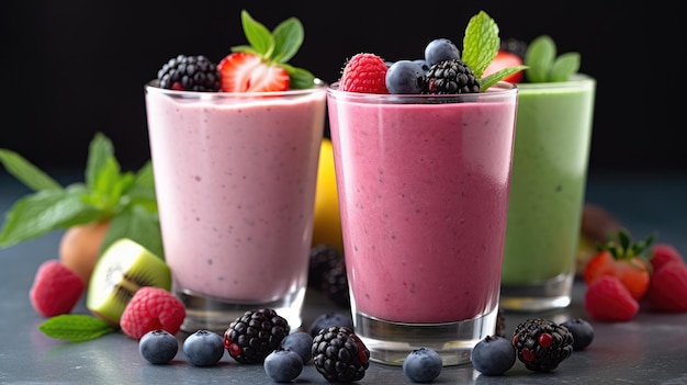 Three smoothies with different flavors on a table