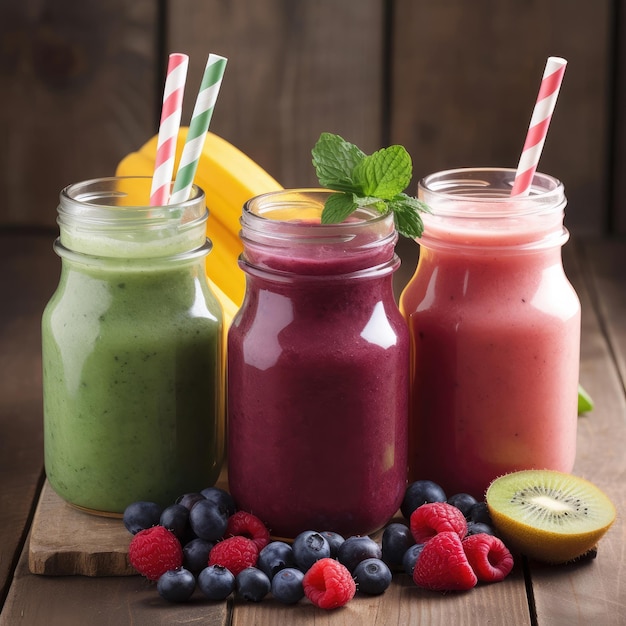 Three smoothies with straws and a kiwi on a wooden table