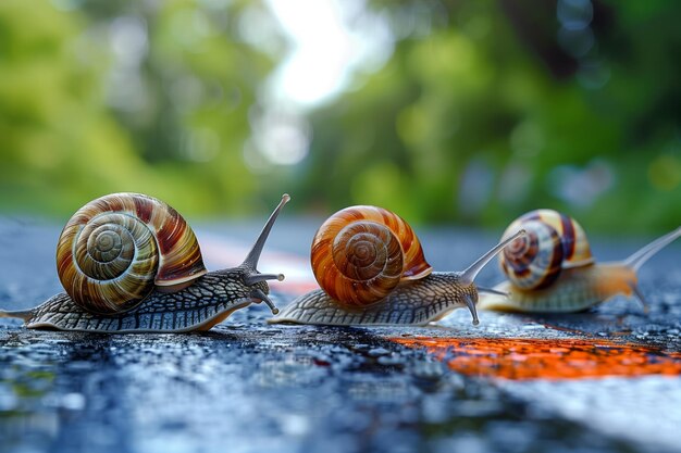 Photo three snails racing across a formula one track surface in daylight generative ai