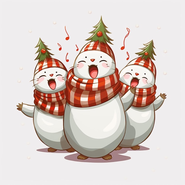 three snowmen are singing and wearing scarves and hats generative ai