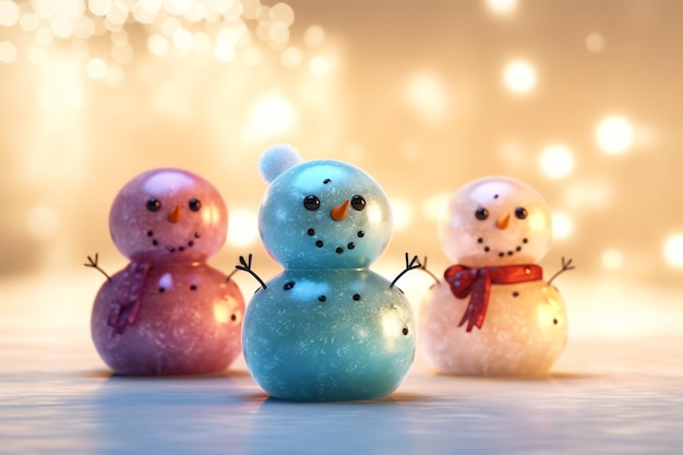 Three snowmen in front of a bokeh of lights