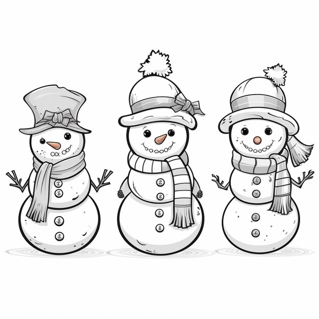 Photo three snowmen in hats and scarves are standing next to each other generative ai