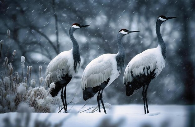 three snowy cranes in winter snow