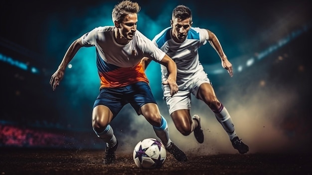 Three soccer players fight for a ball Tough competition Slide tackle Soccer stadium 3D render Generative AI