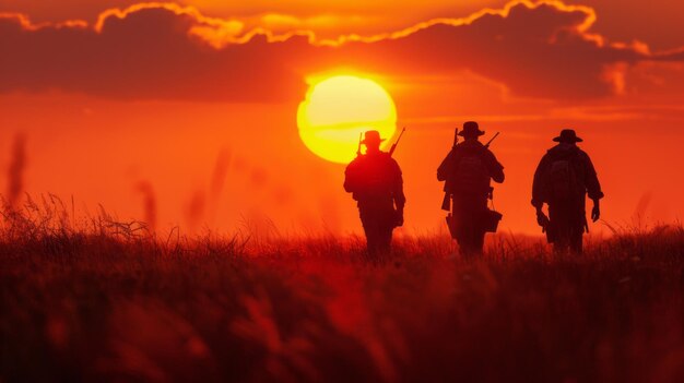 Three soldiers are walking across a field at sunset