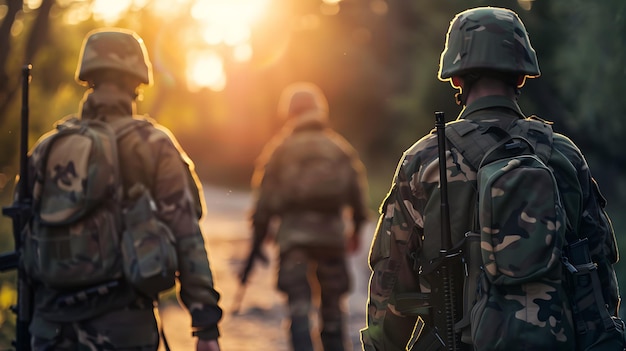 Three soldiers are walking through a forest They are wearing camouflage uniforms and carrying their rifles