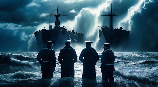 three soldiers stand in front of a ship looking at it