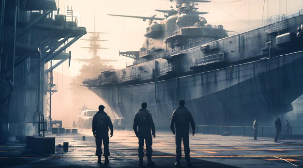 three soldiers standing in front of a large ship