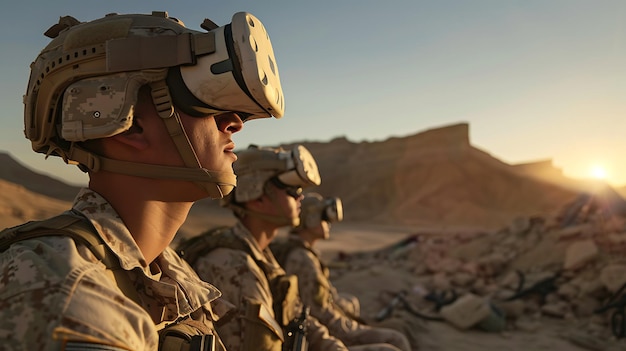 Three soldiers wearing virtual reality headsets are looking out at a destroyed city The sun is setting and the sky is a bright orange