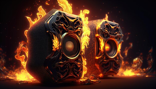 Three speakers with flames on them and one with the word dog on the bottom.