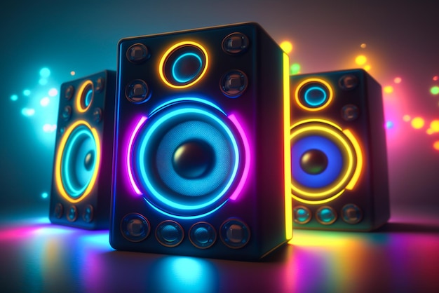 Three speakers with neon lights on them and one that says'music'on it