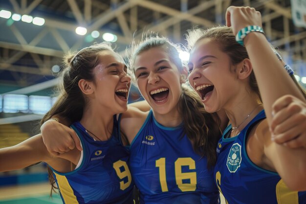 Three sports girls are smiling and hugging each other