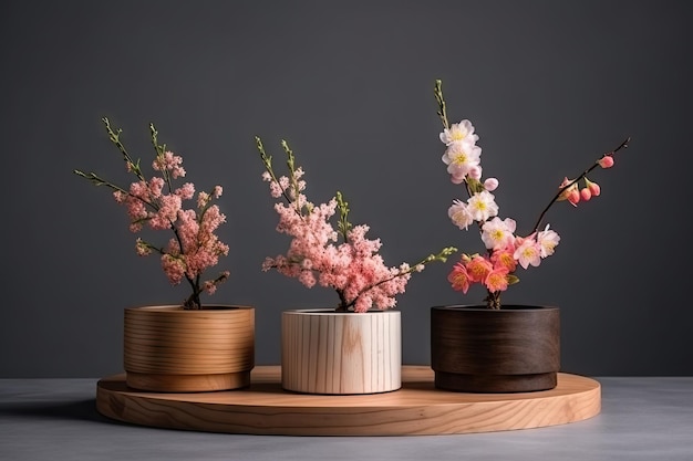 Three springtime blooms in round vase on minimalist wooden podium created with generative ai