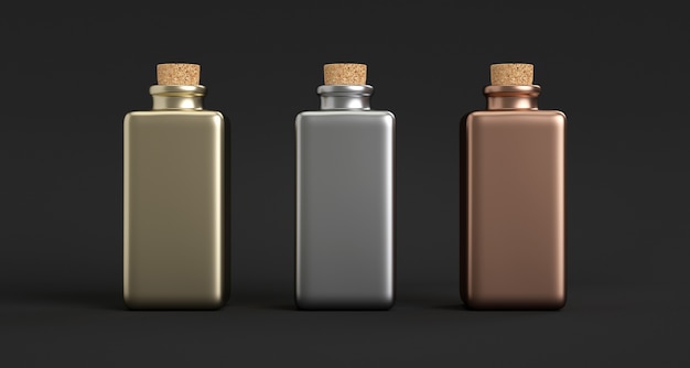 Three square metallic jars with a cork stopper.