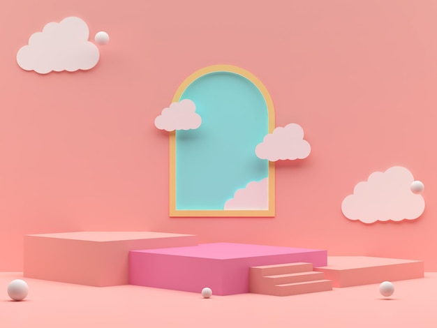 Three square step stage podiums with clouds arch shape window and spheres background Pastel pink and blue background Pedestal for kid product presentation Geometric 3D render