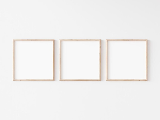 Three square thin wooden frame on white wall 3d illustration