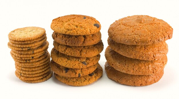 Three stack of cookies isolated on white background