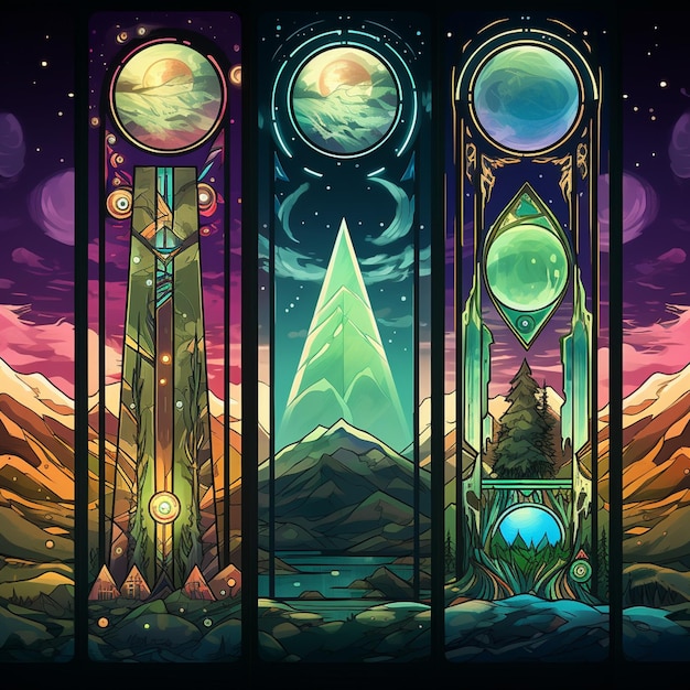 three stained glass windows with a view of a mountain and a sky generative ai