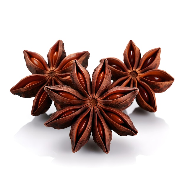 Three star anise seeds are on a white background