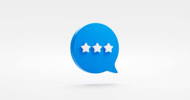 Фото Трехзвездочный рейтинг 3d значок, выделенный на белом фоне с синим символом сообщения пузыря или лучший показатель обратной связи обзор опыта клиента знак и хорошее премиальное качество успеха положительное удовлетворение