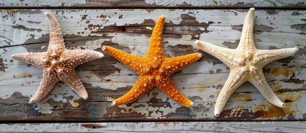 Photo three starfish aligned on wooden surface