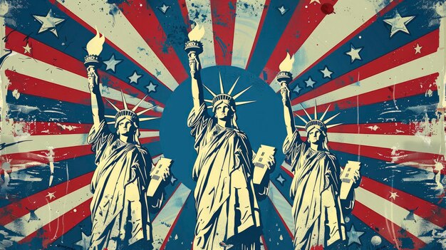 Three statue standing holding torches and book on american flag background