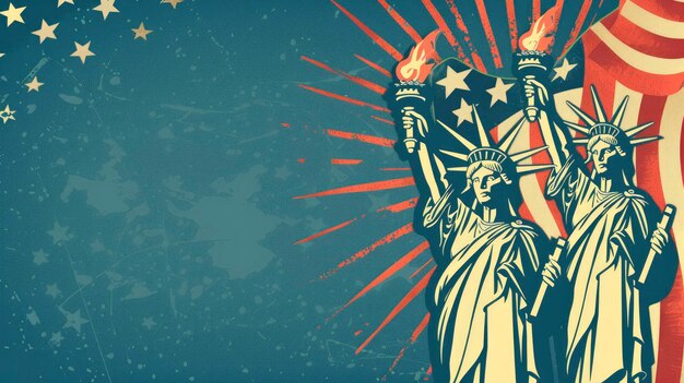 Three statue standing holding torches and book on american flag background