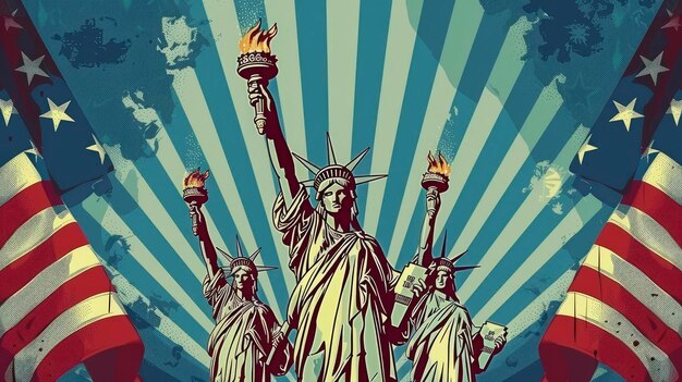 Three statue standing holding torches and book on american flag background