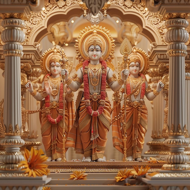 three statues of deities are displayed in a temple