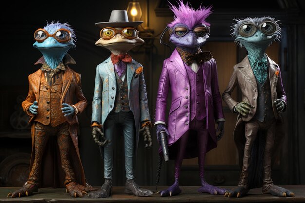 three statues of frogs dressed in suits and hats stand on a ledge generative ai