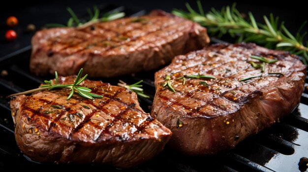 three steaks on a grill with rosemary sprigs