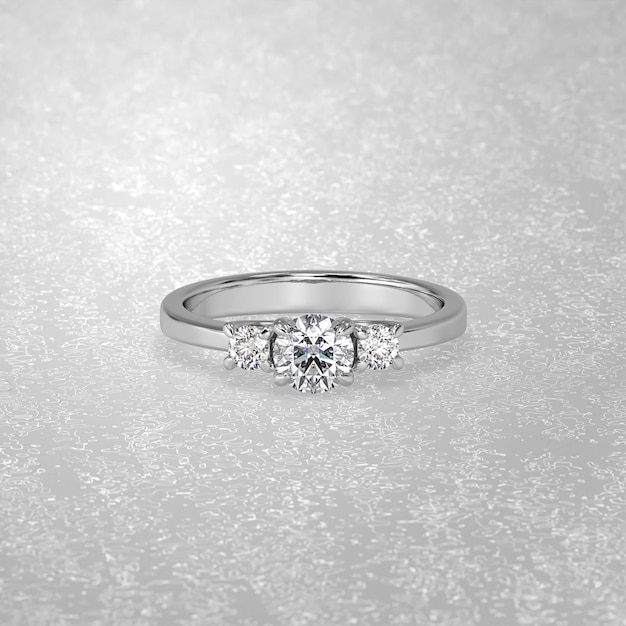 Three stone engagement ring laying down position in metal gold\
3d render