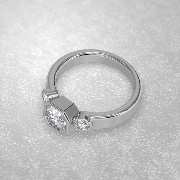 Three stone engagement ring laying down position in metal gold\
3d render