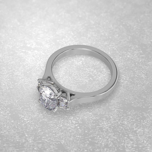 Three stone engagement ring laying down position in metal gold\
3d render