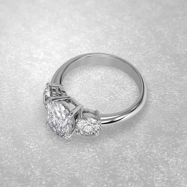 Three stone engagement ring laying down position in metal gold
3d render