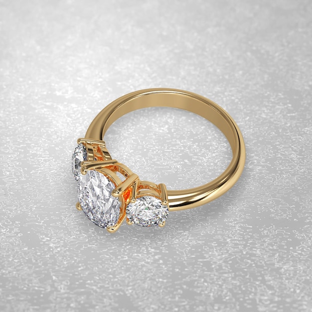 Three stone engagement ring laying down position in metal gold 3D render