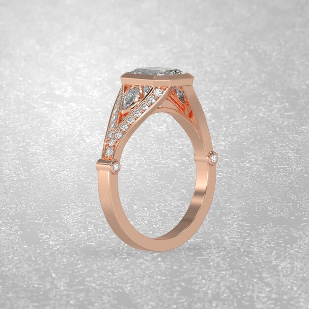 Three stone engagement ring standing position in metal gold 3D render