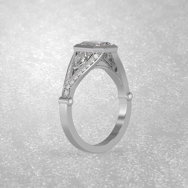 Three stone engagement ring standing position in metal gold 3d\
render