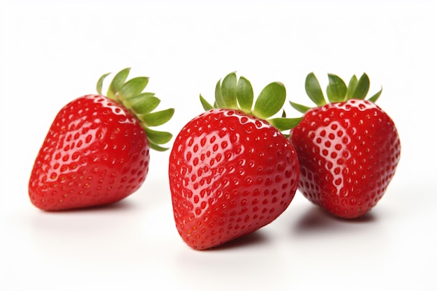 three strawberries are shown on a white surface