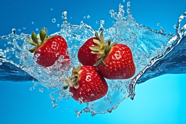 Three strawberries are splashing in a blue water.